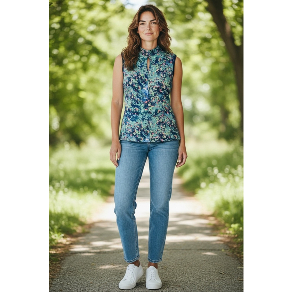 Lady Hagen keyhole, mock neck, golf shirt flowered navy xs
